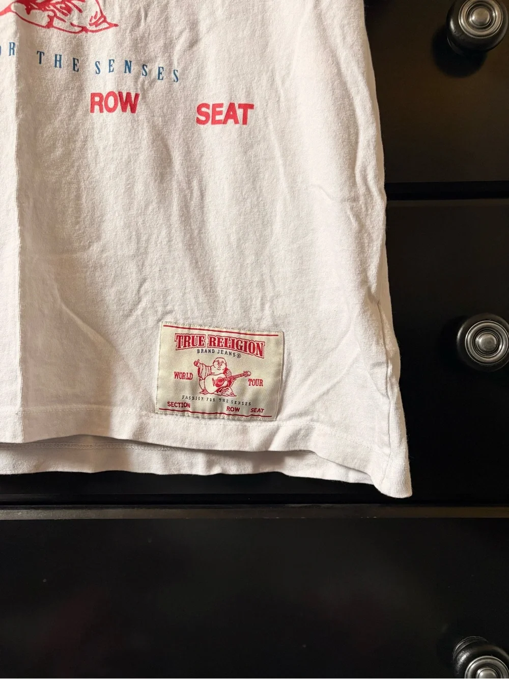 True Religion White Tee with Red & Blue Graphic Logo